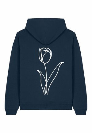 Navy blue hooded sweatshirt with a large white minimalist tulip line drawing centered on the back.