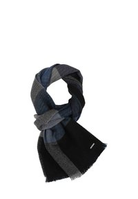 Sciarpa a quadri con tonalità di blu, grigio e nero. Realizzata in un tessuto morbido con bordi sfrangiati. Leggera e dallo stile avvolgente.