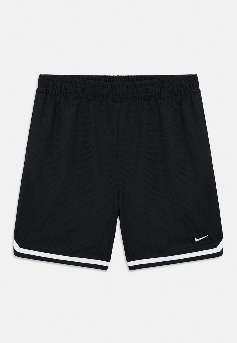 Μαύρο αθλητικό σορτς με ελαστική μέση, που έχει λευκές ρίγες στο τελείωμα και μικρό λευκό λογότυπο στο κάτω δεξί μέρος.