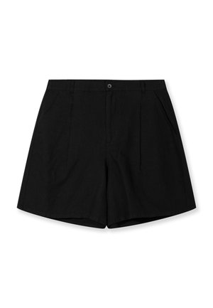 Short noir ajusté avec poches latérales, passants pour ceinture, bouton sur le devant et fermeture éclair, présenté à plat sur fond blanc.