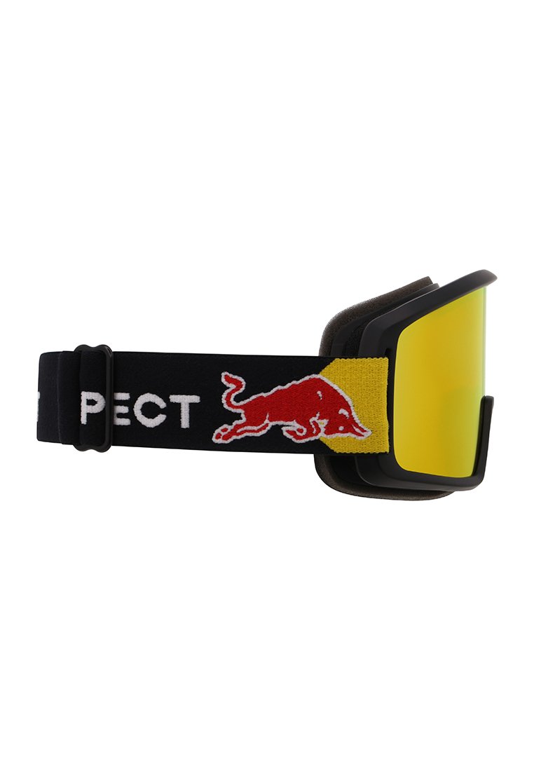 Skibrille mit reflektierendem gelben Glas, schwarzem Riemen mit rotem Bullenlogo und teilweise weißem Text "PECT" auf einem gelben Hintergrund.