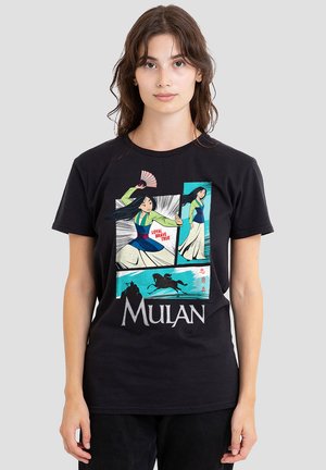 Black cotton t-shirt featuring Mulan graphic print, including vibrant colors, a fan, and the text "Loyal Brave True" above the character.
