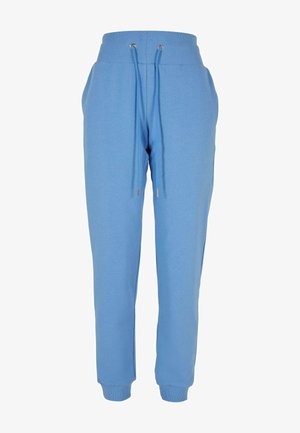 Pantaloni jogger azzurri chiari realizzati in tessuto morbido, con una vita a costine e cordino, e polsini svasati alla caviglia.