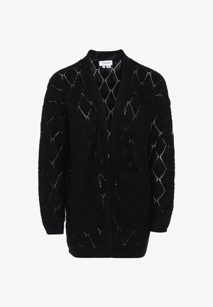 Černý pletený kardigan s diamantovým vzorem, otevřeným předním dílem, dlouhými rukávy a dvěma předními kapsami. Vyrobeno z lehké, texturované tkaniny.