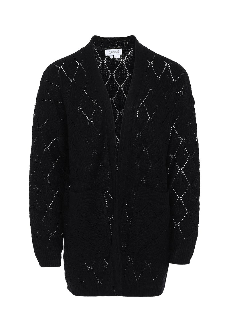 Cardigan nero lavorato a maglia con motivo a diamante, apertura frontale, maniche lunghe e due tasche frontali. Realizzato in tessuto leggero e testurizzato.
