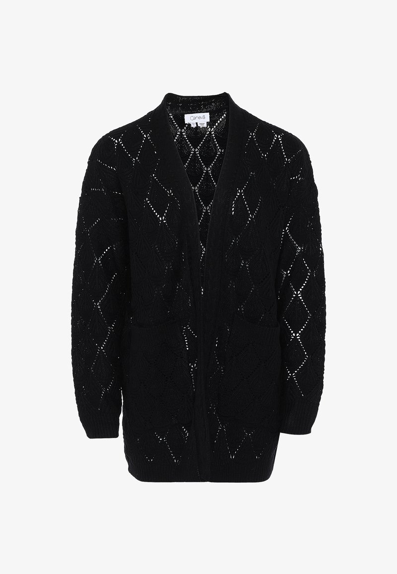 Černý pletený kardigan s diamantovým vzorem, otevřeným předním dílem, dlouhými rukávy a dvěma předními kapsami. Vyrobeno z lehké, texturované tkaniny.