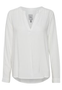 Witte blouse met lange mouwen en een V-hals, gemaakt van lichtgewicht stof, met een relaxte pasvorm en een licht gebogen zoom. Etiket zichtbaar aan de binnenkant.