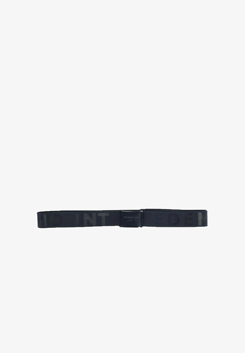 Navy fabric belt with embossed text and a metal clasp. Features a woven texture and adjustable length. Suitable for casual wear.