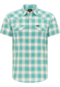 Camicia a maniche corte a quadri in turchese, bianco e marrone con tasche sul petto a punta e bottoni a pressione. Realizzata in tessuto leggero.
