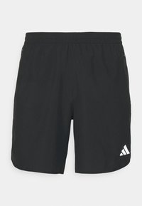 Shorts de sport noirs avec une taille élastique, arborant un logo Adidas blanc et des poches latérales. Tissu lisse avec une texture respirante.