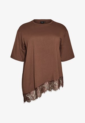 Brown short-sleeve top with round neckline, asymmetrical hem, and floral lace trim along the lower edge.