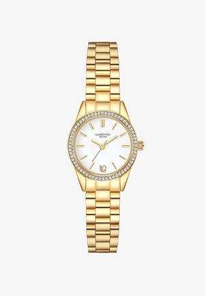 Gold metal watch with a round case, white face, gold hour markers, and a diamond-encrusted bezel. Features a gold link bracelet and a crown.