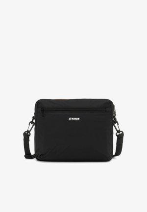 Black nylon messenger bag with adjustable strap, front zipper pocket, and subtle branding. Smooth texture and rectangular shape.