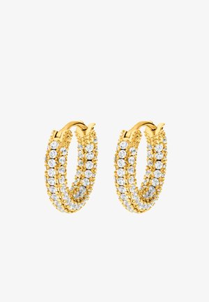 Zlate uhane v obliki obroča, ki imajo več vrst prozornh draguljev, s teksturirano površino in varnim zapiranjem.