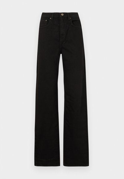 Črne široke jeans hlače iz trdne tkanine. Imajo sprednje zapiranje na gumb, paskove in dve sprednji žepi. Gladka, enakomerna tekstura.