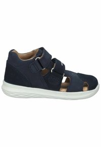 Marineblå sandal med to Velcro-remme, åbent design, tekstureret overmateriale og hvid gummisål. Minimalistisk stil med praktiske udskæringer.