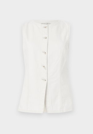 Weißer ärmelloser Denim-Weste mit rundem Halsausschnitt und fünf Knöpfen auf der Vorderseite. Verfügt über Seitennähte für eine figurbetonende Passform.
