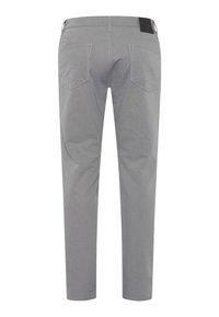 Graue Hose mit schlankem Schnitt, aus robustem Material, mit auffälligen Nähten, Gesäßtaschen und einem schwarzen Taillenlabel.