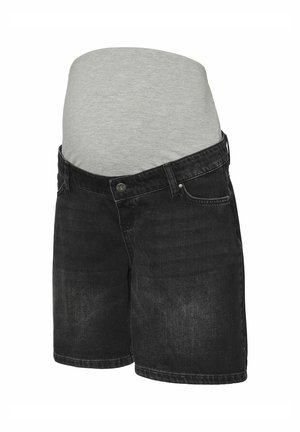 Shorts en denim noir avec un panneau élastique gris à la taille. Comprend des poches avant standards et une fermeture à bouton. Texture lisse, design décontracté.