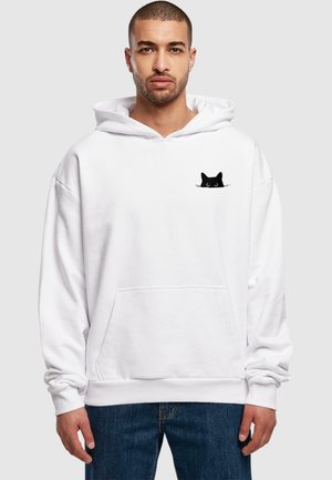 Weißer Kapuzenpullover mit einer Fronttasche, der ein schwarzes Katzenmotiv auf der linken Brustseite zeigt. Weiches Material und locker geschnittenes Design.