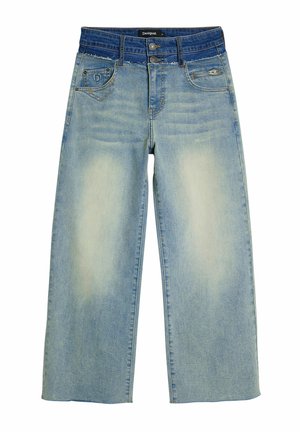 Light blue wide-leg jeans with a faded finish, featuring a blue denim waistband with two buttons, five pockets, and minimal stitching details.
