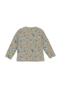 Langärmliges graues T-Shirt mit einem Muster von Baustellenfahrzeugen und Werkzeugen in Blau, Grün und Braun. Aus weichem, strukturiertem Stoff.