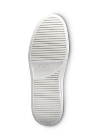 Weißer Gummisohlen mit horizontalen und vertikalen Rillen, versehen mit einem Logo und einem konturierten Abschnitt für zusätzliche Designdetails.