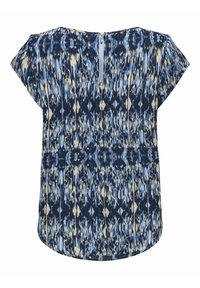 Haut à manches courtes avec un motif abstrait bleu marine, bleu et beige, doté d'une fermeture éclair au dos et d'un ourlet arrondi. Tissu doux avec une finition texturée.