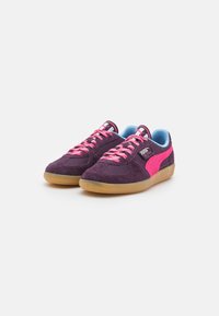 Pantofi sport cu partea superioară din suede și plasă mov, șireturi și accente roz, interior albastru și talpă din cauciuc. Design clasic cu detalii ale logo-ului.