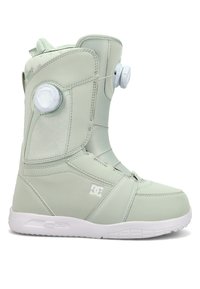 Jasnozielony but snowboardowy z gładkiej syntetycznej powierzchni, systemem sznurowania BOA, wyściełanym kołnierzem i białą gumową podeszwą dla lepszej przyczepności.