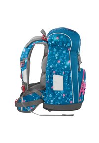 Zaino blu con un motivo a bolle e stelle rosa, spallacci grigi imbottiti e base grigia. Include una tasca con zip e spallacci regolabili.