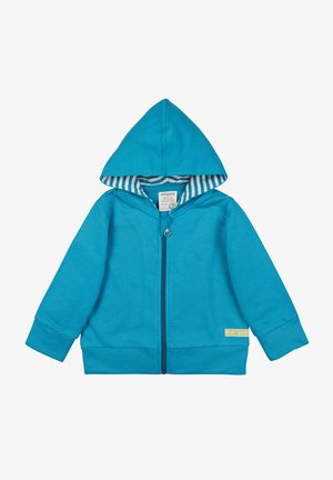 Türkiser Reißverschluss-Hoodie mit gestreiftem Innenfutter, ausgestattet mit Kapuze, langen Ärmeln und einem Etikett auf der unteren rechten Seite. Weicher Baumwollstoff.