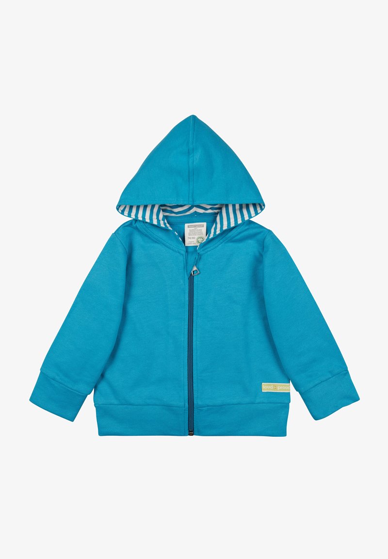 Felpa con zip color turchese, con interno a righe, dotata di cappuccio, maniche lunghe e un'etichetta in basso a destra. Tessuto morbido in cotone.
