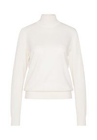 Biały sweter z golfem, długie rękawy, wykonany z miękkiego materiału, luźny krój, prążkowany dół i mankiety, gładka struktura, minimalistyczny design.