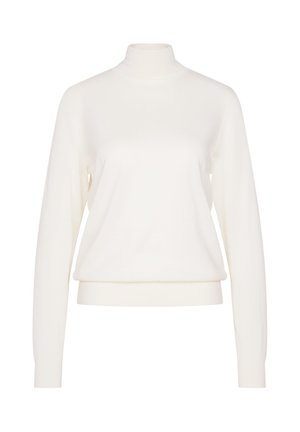 Maglione bianco a collo alto, maniche lunghe, realizzato in tessuto morbido, vestibilità rilassata, orlo e polsini a coste, texture liscia, design minimal.