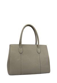 Grijze leren tote bag met een rechthoekige vorm, twee handgrepen en contrasterende stiksels langs de voornaad.