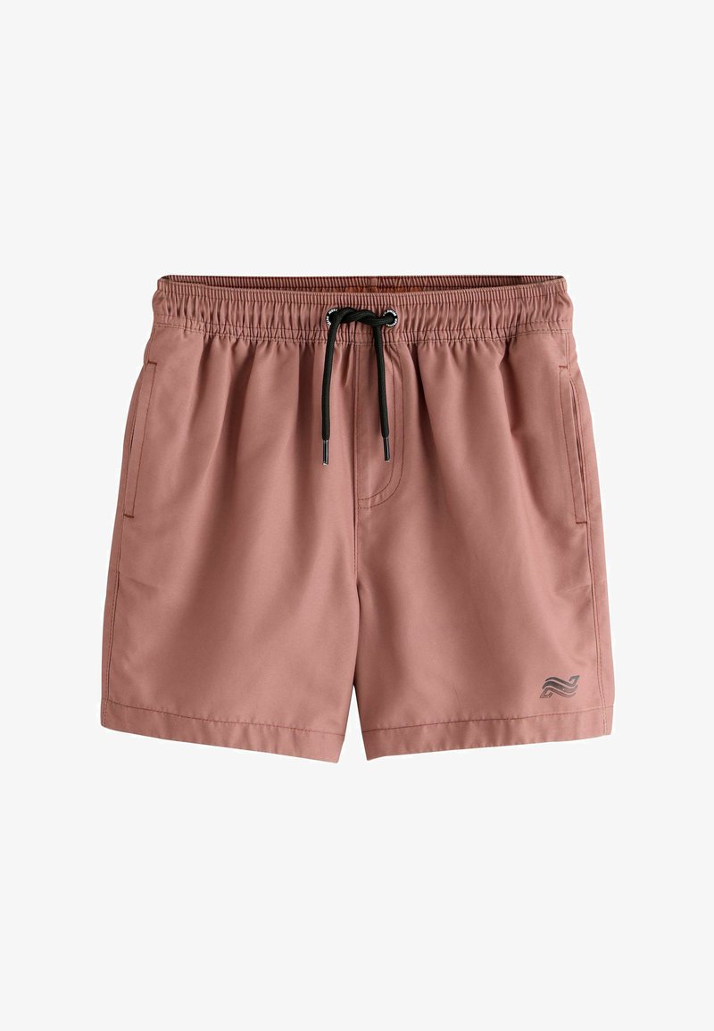 Short de bain mauve avec taille élastique, cordon noir, poches latérales et petit logo vague sur la jambe gauche.