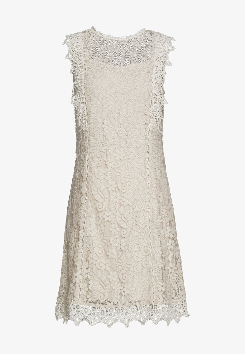 Robe beige en dentelle sans manches avec motifs floraux, bords festonnés et empiècement en dentelle transparente au niveau du décolleté.