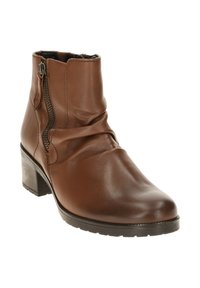Brown leather ankle boot with gathered detailing and side zipper. Block heel and textured sole for grip. Smooth finish with minimalist design.