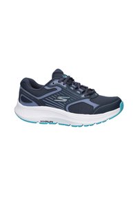 Marine sportieve sneaker met een ademend mesh bovenwerk, textuuraccenten en een witte tussenzool met turquoise details, ontworpen voor comfort en ondersteuning.