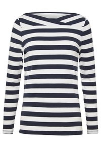 Randig långärmad topp med marinblå och vita horisontella ränder, med en bred, korsad halsringning, tillverkad av ett mjukt, stretchigt tyg.