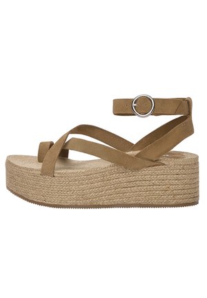 Brown suede platform sandal with ankle strap and silver buckle, woven espadrille-style sole, and toe loop detail.