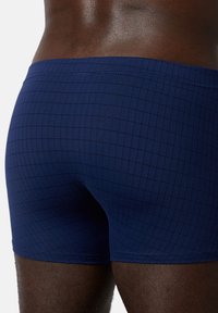 Marineblå badetights med et rutenetmønster, der har en glat overflade og en behagelig pasform, designet til vandaktiviteter.