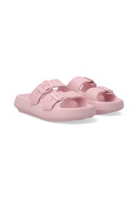 Pink rubber slide sandals with two adjustable buckles, open toe, textured straps, and a contoured footbed for comfort and support.