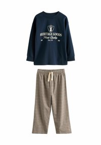 Tumesinine pikavarrukaline särk valge „Heritage Goods“ tekstiga, kombineeritud pruunide ruudulise kardinaga, millel on elastne vöökoht ja nöör.