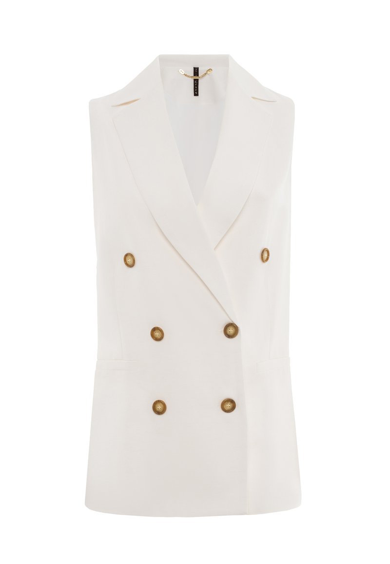 Blusa bianca senza maniche con un design doppiopetto, caratterizzata da bottoni dorati, rever appuntiti e una texture liscia. Senza tasche frontali.