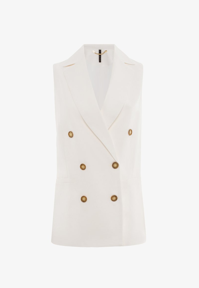Blusa bianca senza maniche con un design doppiopetto, caratterizzata da bottoni dorati, rever appuntiti e una texture liscia. Senza tasche frontali.