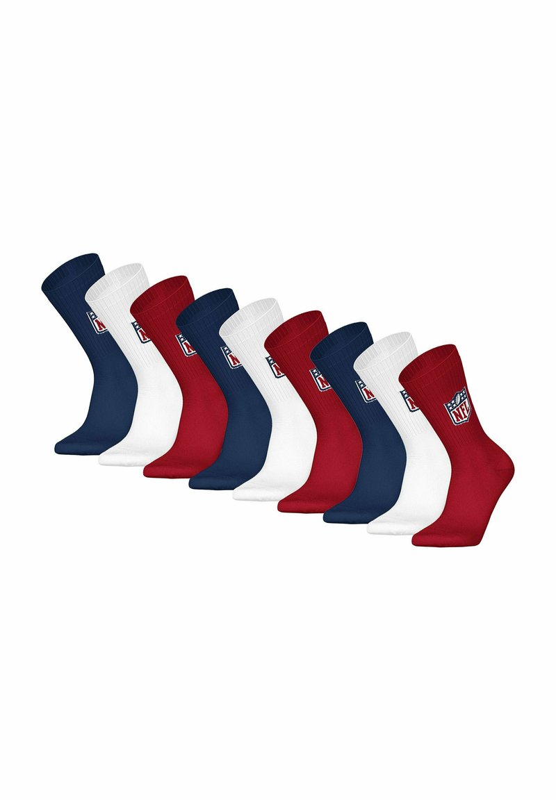 Juego de diez calcetines en rojo, blanco y navy, con un puño acanalado y el logotipo de la NFL en el lateral. Textura suave, sin patrones prominentes.