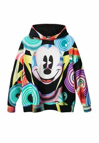 Färgglad huvtröja med en stor Mickey Mouse-grafik på en svart bakgrund, med livliga virvlar och geometriska mönster i olika färger.