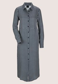 Navyblaues Button-Up-Kleid aus Baumwolle, mit einem sich wiederholenden weißen Kreisdesign, langen Ärmeln und einer taillierten Passform mit Taschen.